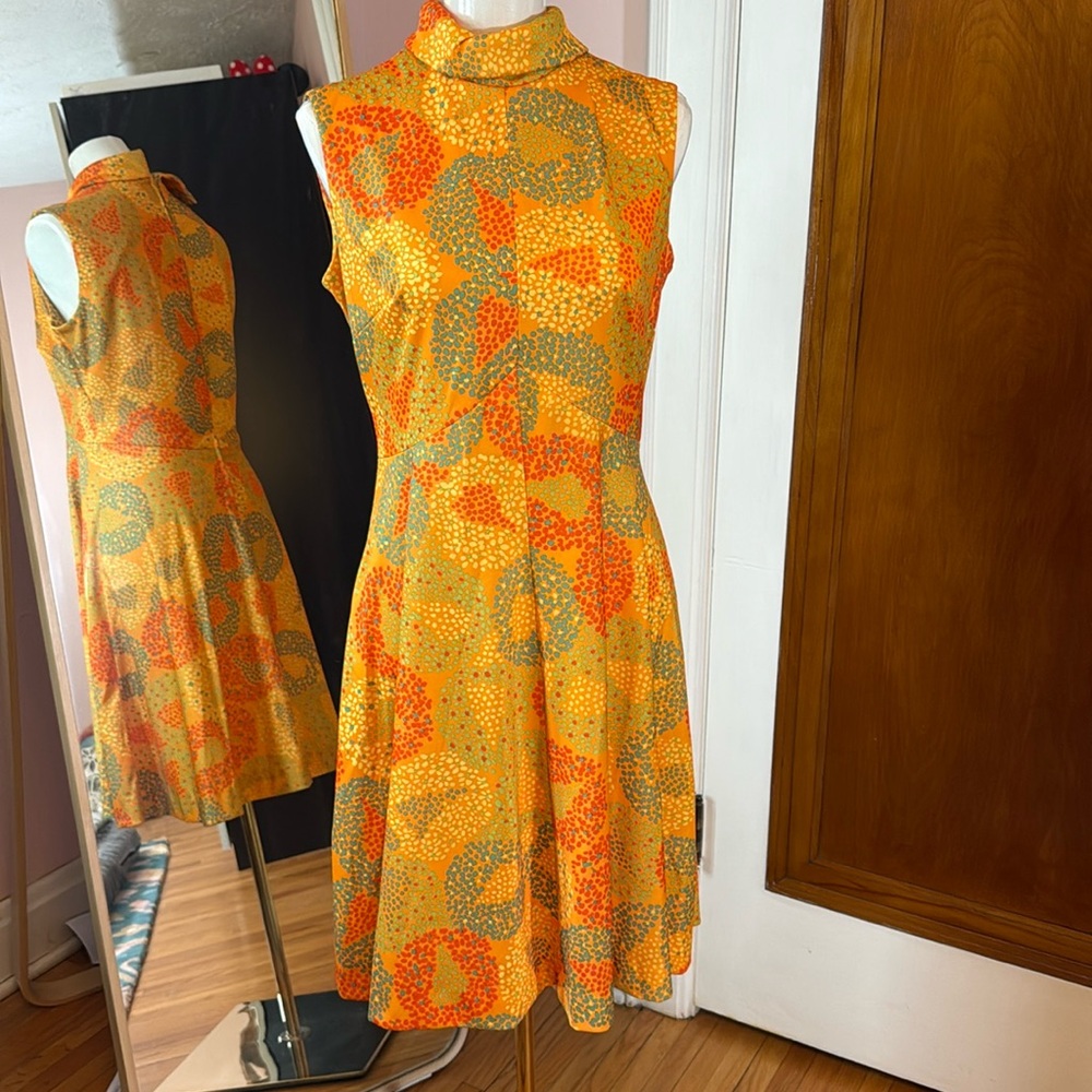 Vintage Orange and Yellow sleeveless Sundress with mock turtleNeck